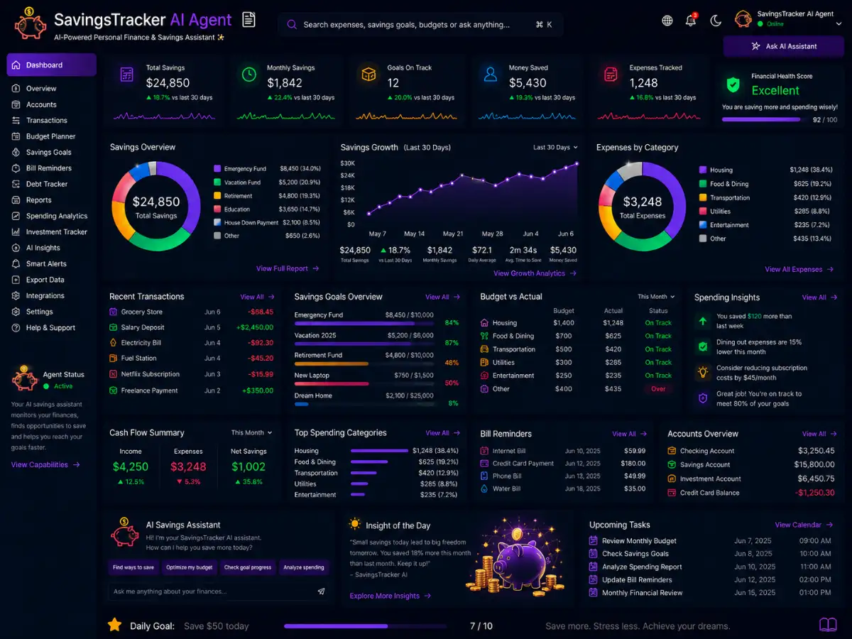 savingstracker.app AI savings tracker app — budgeting and goals dashboard preview